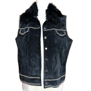 Saguaro Black Suede with Removable Faux Fur Collar and Beading Detail Vest - EUC